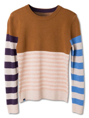 Women's KAVU Hillrose Crew Neck Sweater XL Brown Beige Striped Long Sleeve